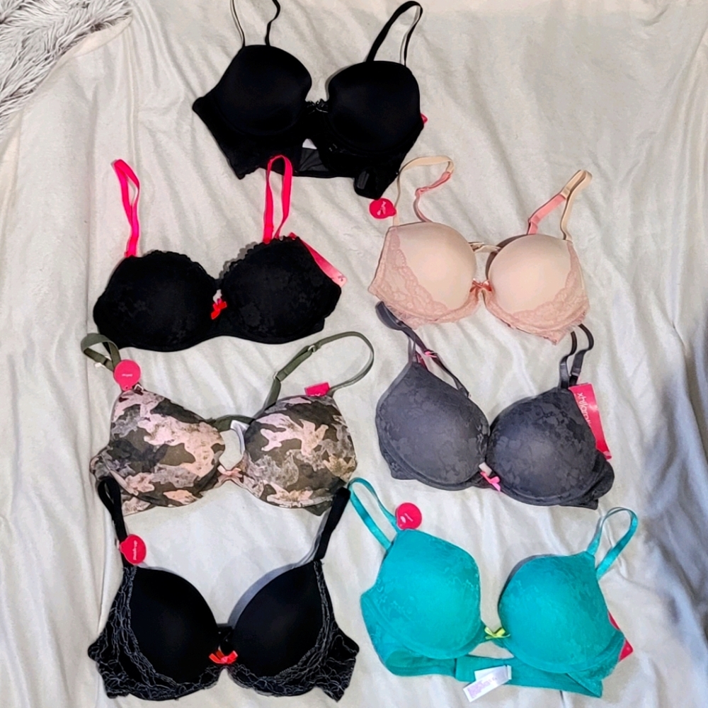 New 7 Piece 34B Bra Bundle Push Up Etc Black Lace Turquoise Camo Hot Pink Nude